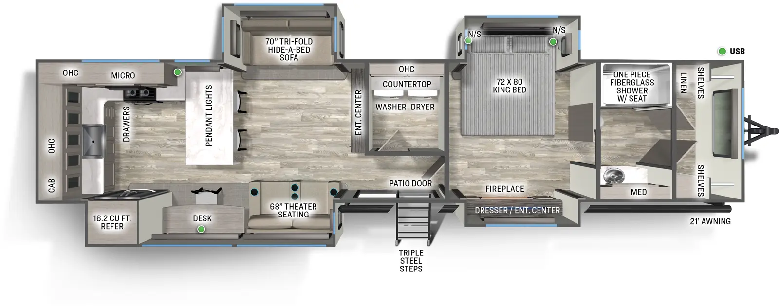 The Sandpiper Destination 395MMG floorplan has one entry and four slide outs. Exterior features include: fiberglass exterior and 21' awning. Interiors features include: rear kitchen.